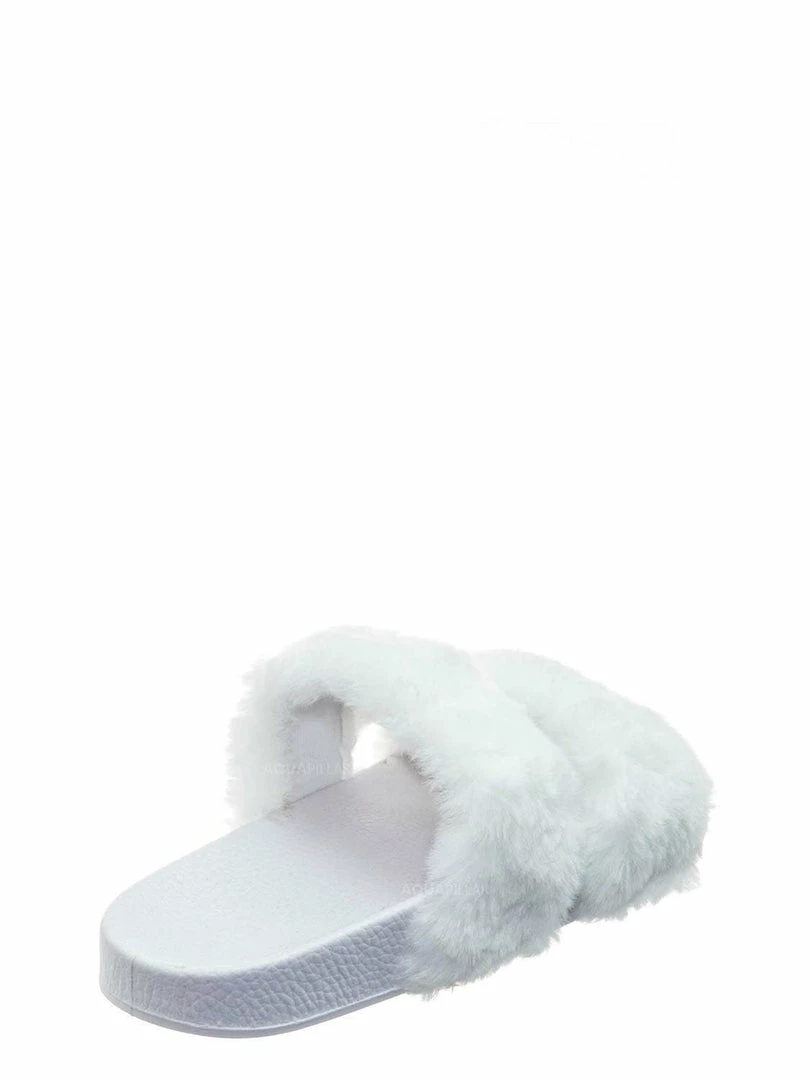 Bamboo Liv04 Faux Fur Footbed Slides - Cozy Double Strap Furry Contour Slide In Sandals