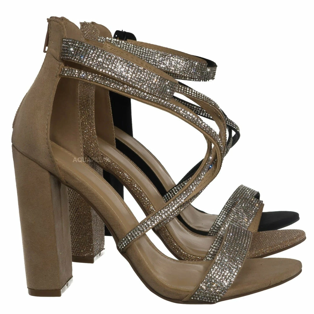 Wild Diva Morrina14 Rhinestone Block Heel Sandal - Women Crystal Dance Shoes