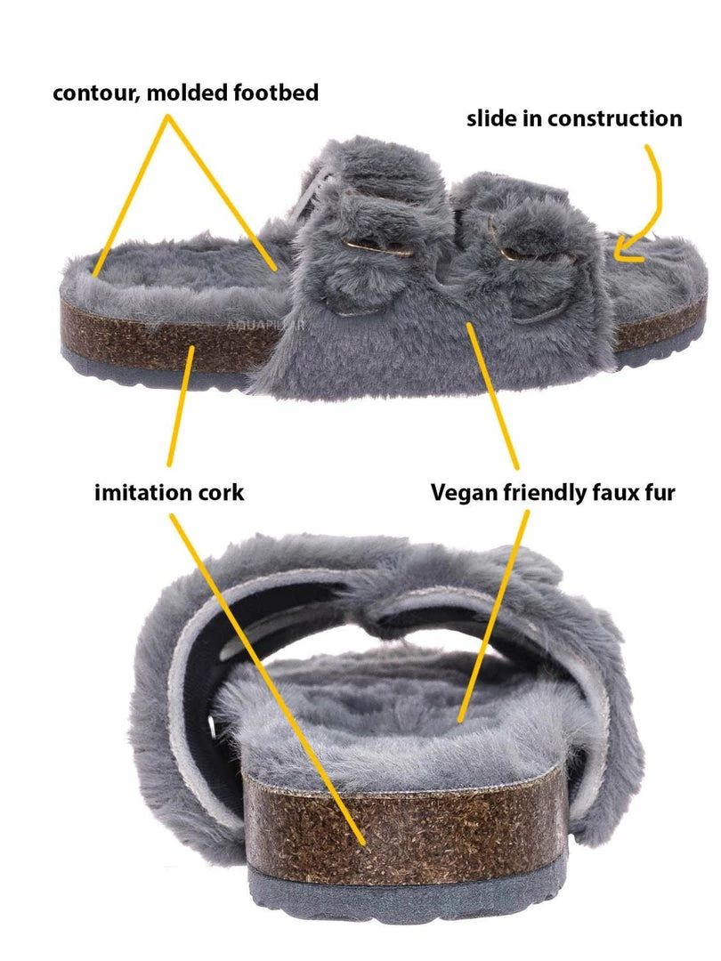 Bamboo New Defeat63 Faux Fur Molded Footbed Slipper - Furry Slide In Cork Slide Sandal