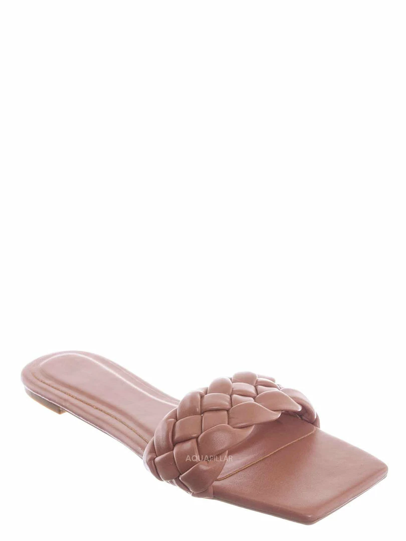 Bamboo Block19 Woven Braided Band Slipper - Womens Open Squared Toe Slip On Flat Sandal