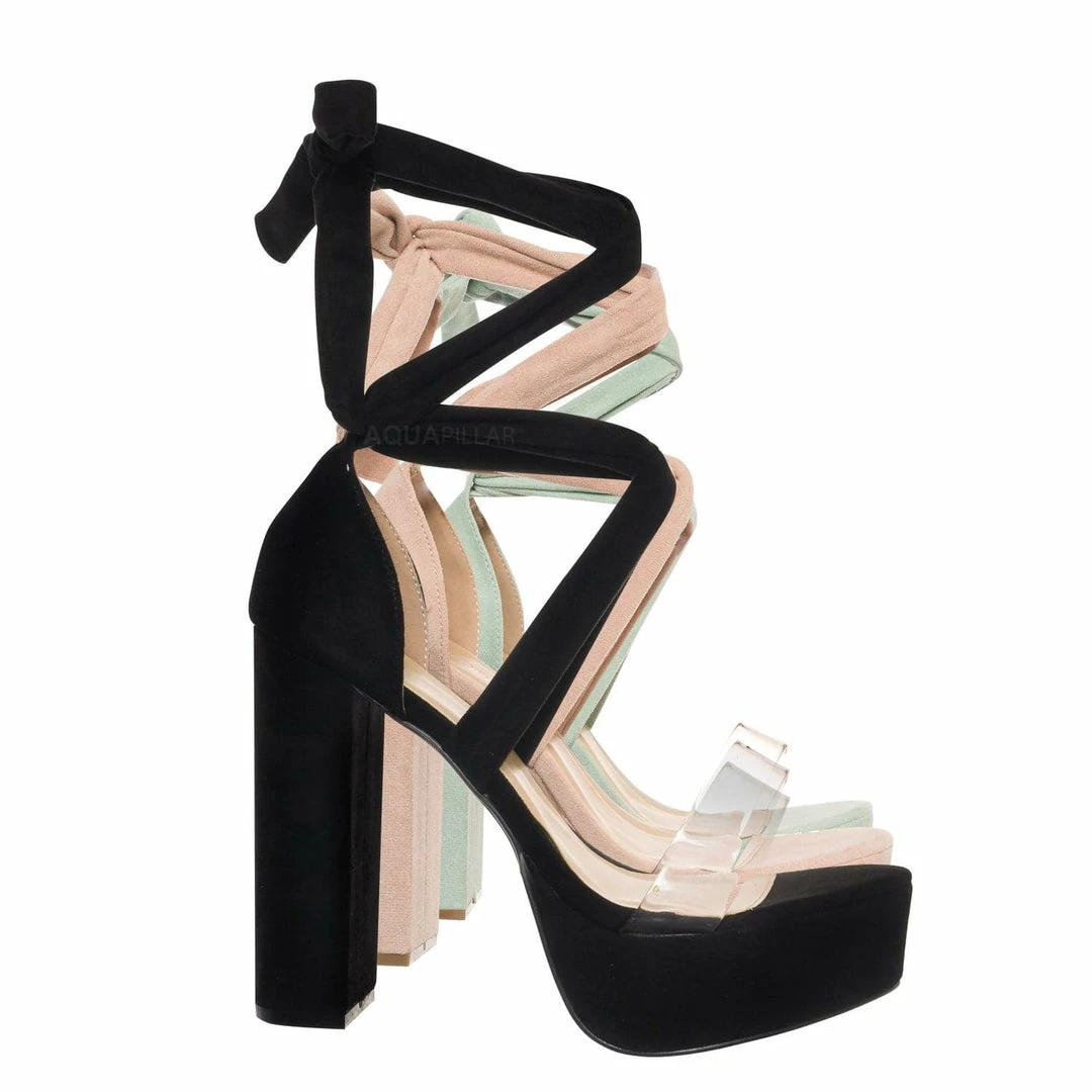 Wild Diva Mia32 Lace Up Block Heel Sandal, Women Leg Wrap Lucite Shoes