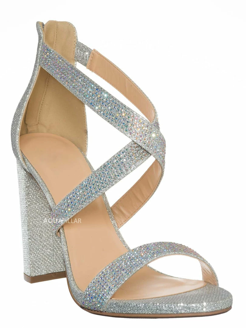 Delicious Polly Glitter Rhinestone Block Heel Sandal - Women Evening Dress Shoes