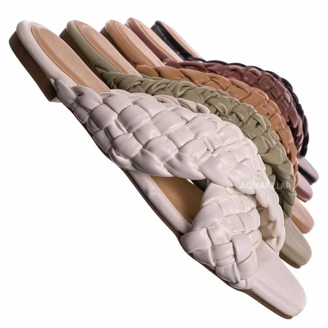 Bamboo Kick61 Thick Braided Woven Slides - Womens Open Squared Toe Slip On Mule Slipper New