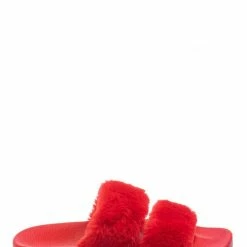 Bamboo Liv04 Faux Fur Footbed Slides - Cozy Double Strap Furry Contour Slide In Sandals