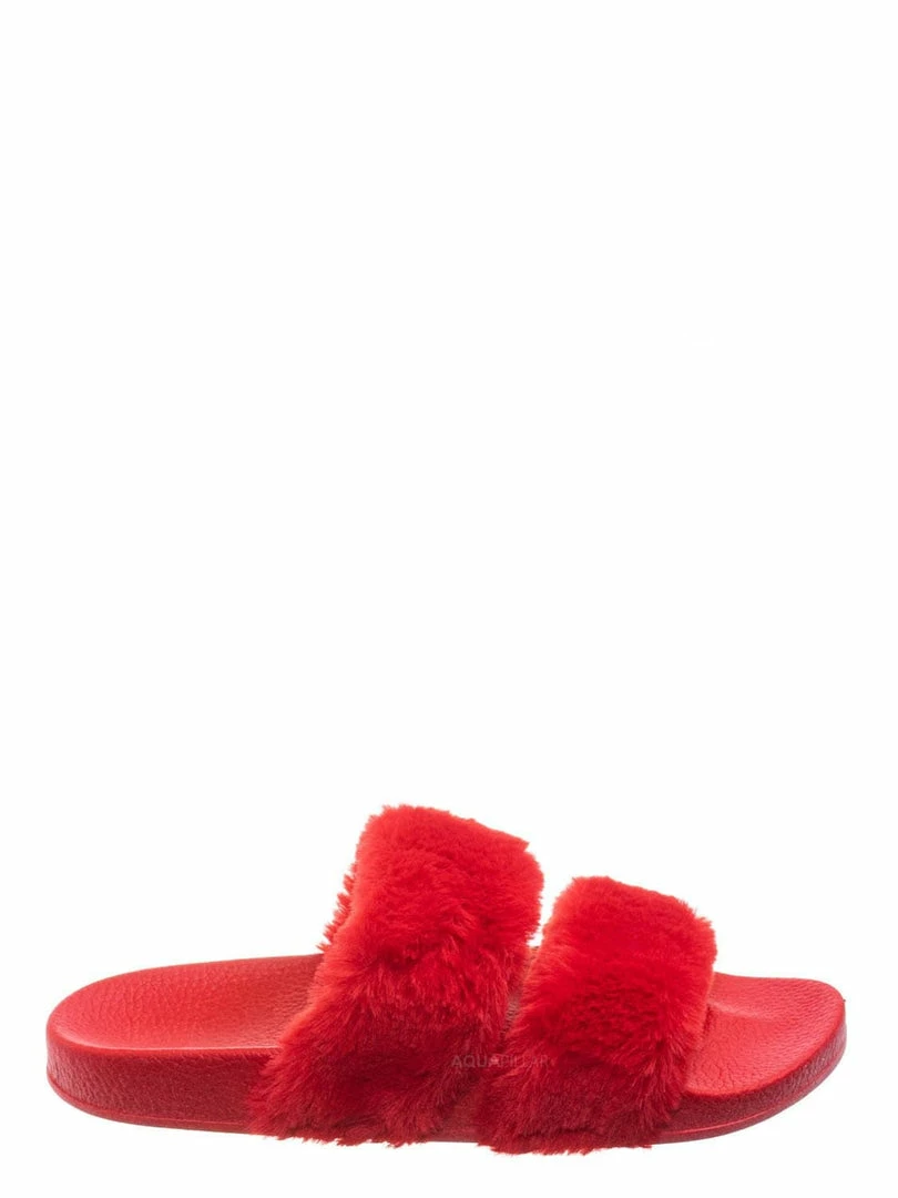 Bamboo Liv04 Faux Fur Footbed Slides - Cozy Double Strap Furry Contour Slide In Sandals