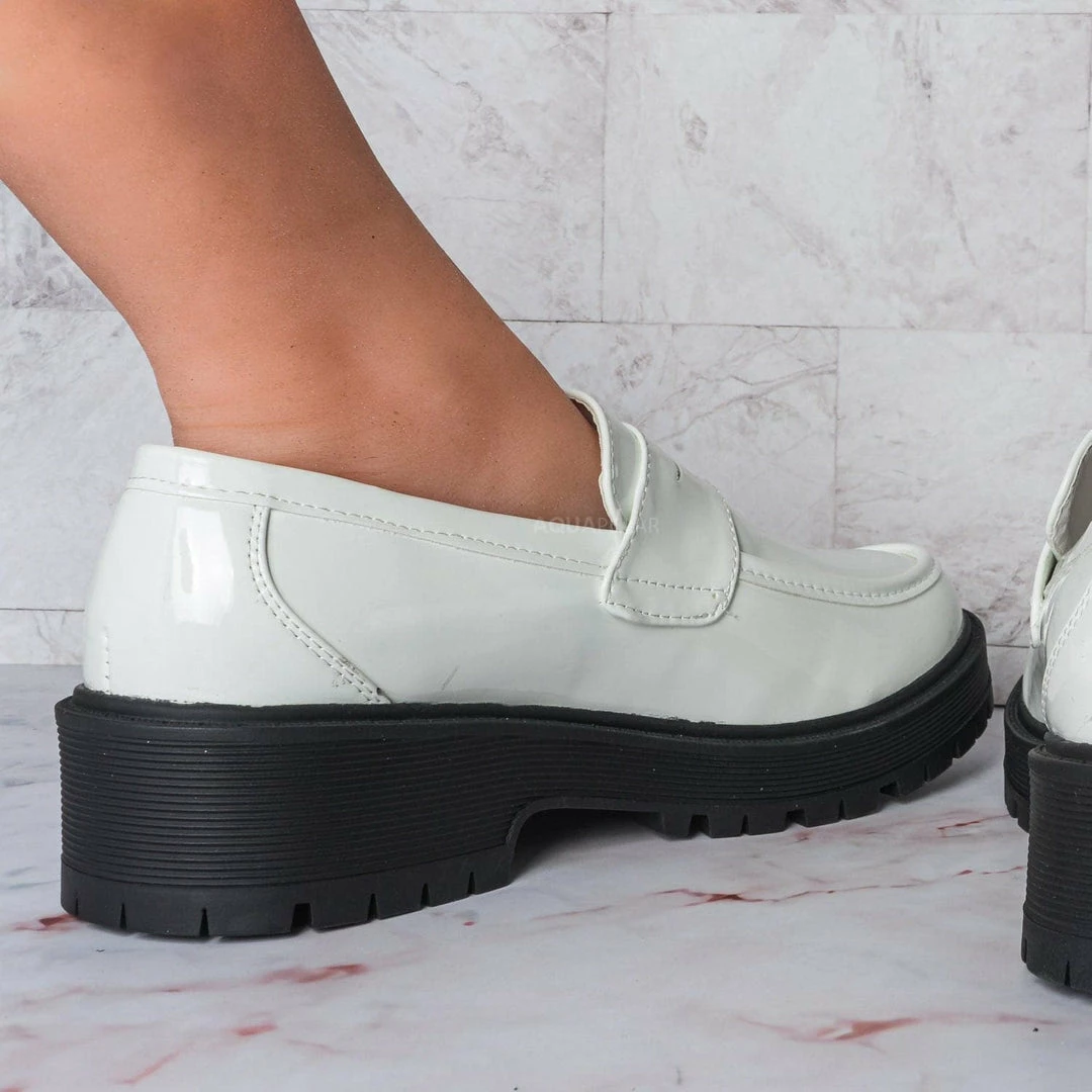 Forever Link New Chief60 Penny Loafers Platform Lug Sole - Vintage Creepers Chunky Work Flat Pumps Shoes Chunky Block Heel