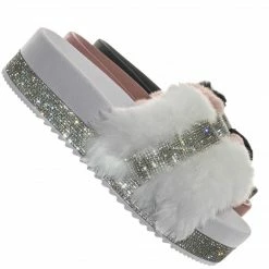 Bamboo Nighttime02 Faux Fur Rhinestone Flatform Slides - Molded Footbed Crystal Sandal New