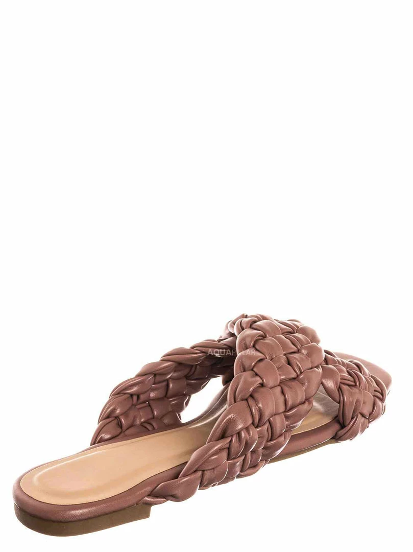 Bamboo Kick61 Thick Braided Woven Slides - Womens Open Squared Toe Slip On Mule Slipper New