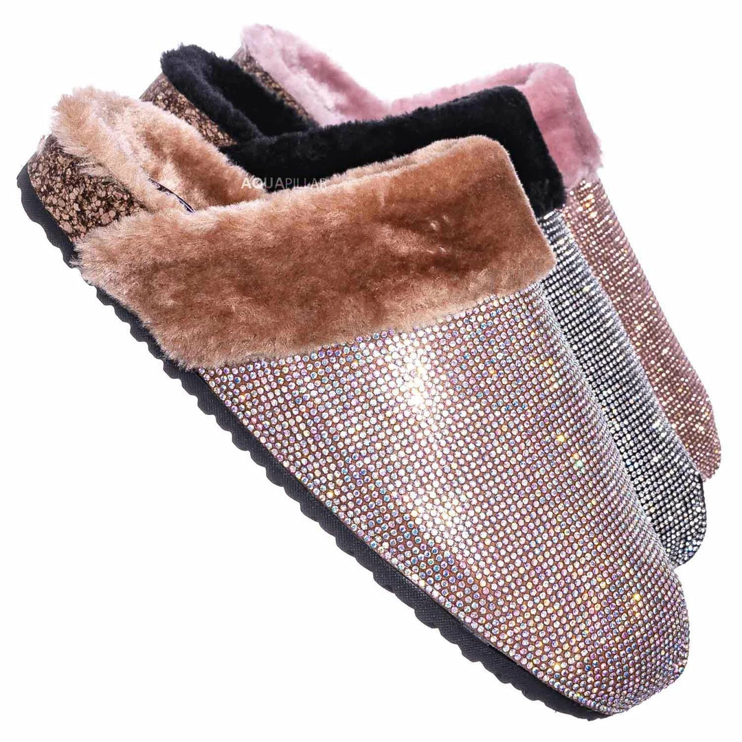 Forever Link New Benefit13 Rhinestone Crystal Moccasin Furry Footbed Slipper