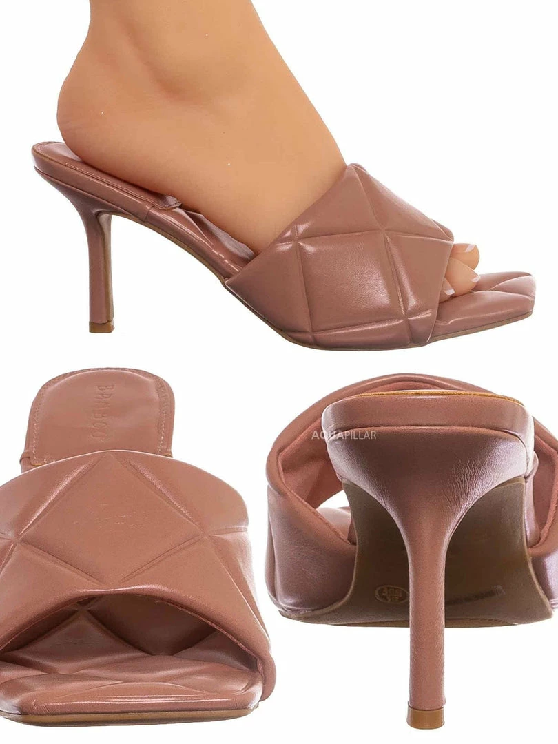 Bamboo New Zeal07 Puffy Quilted Slide-In Mule, Women High Heel Sandal