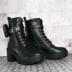 Forever Link New Pacific33 Utilitarian Combat Boots W Pouch - Lace Up Heel Bootie