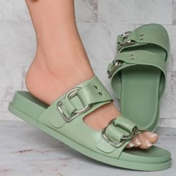 Soda New Rather Flexible Footbed Slide, Double Buckle Slipper Sandal