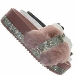Bamboo Nighttime02 Faux Fur Rhinestone Flatform Slides - Molded Footbed Crystal Sandal New