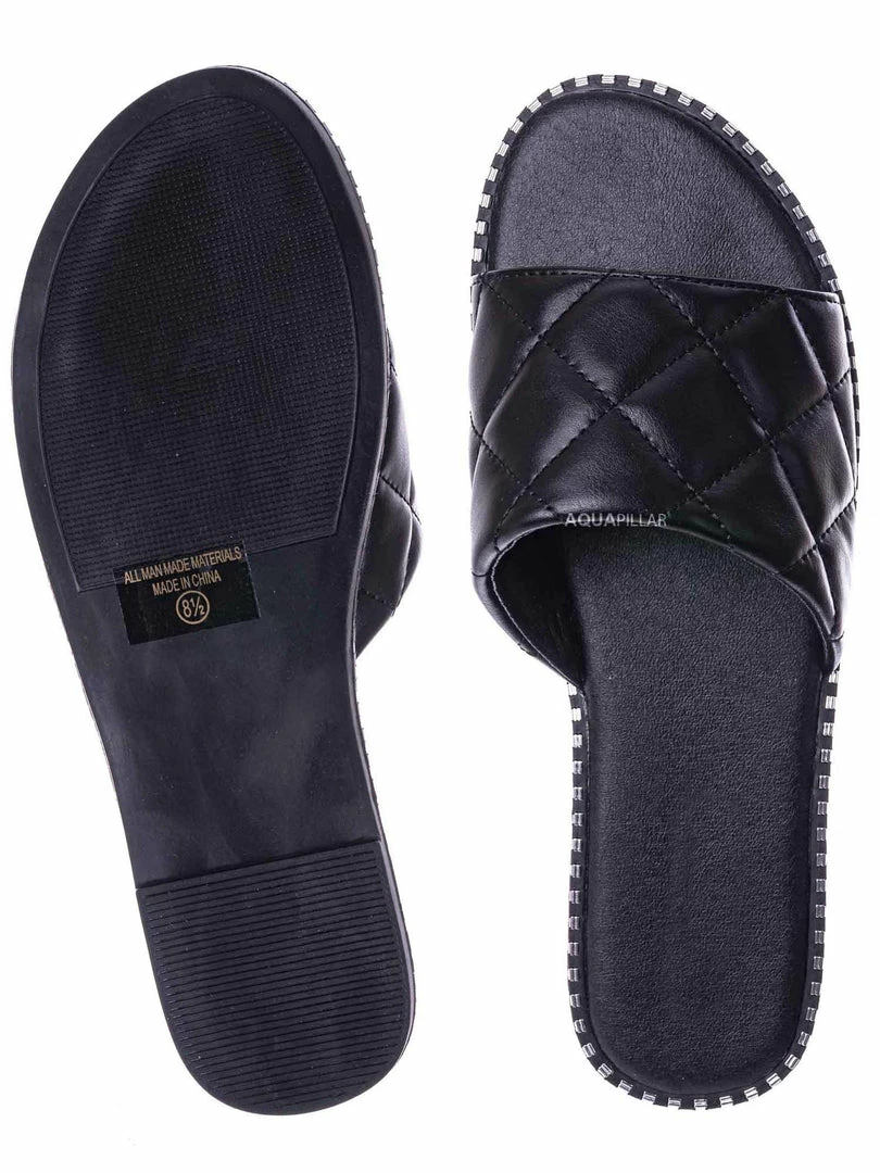 Top Moda New Mick1 Matelassé Quilted Sliders W Metal Stud Welt - Stitch Punk Rock Slipper