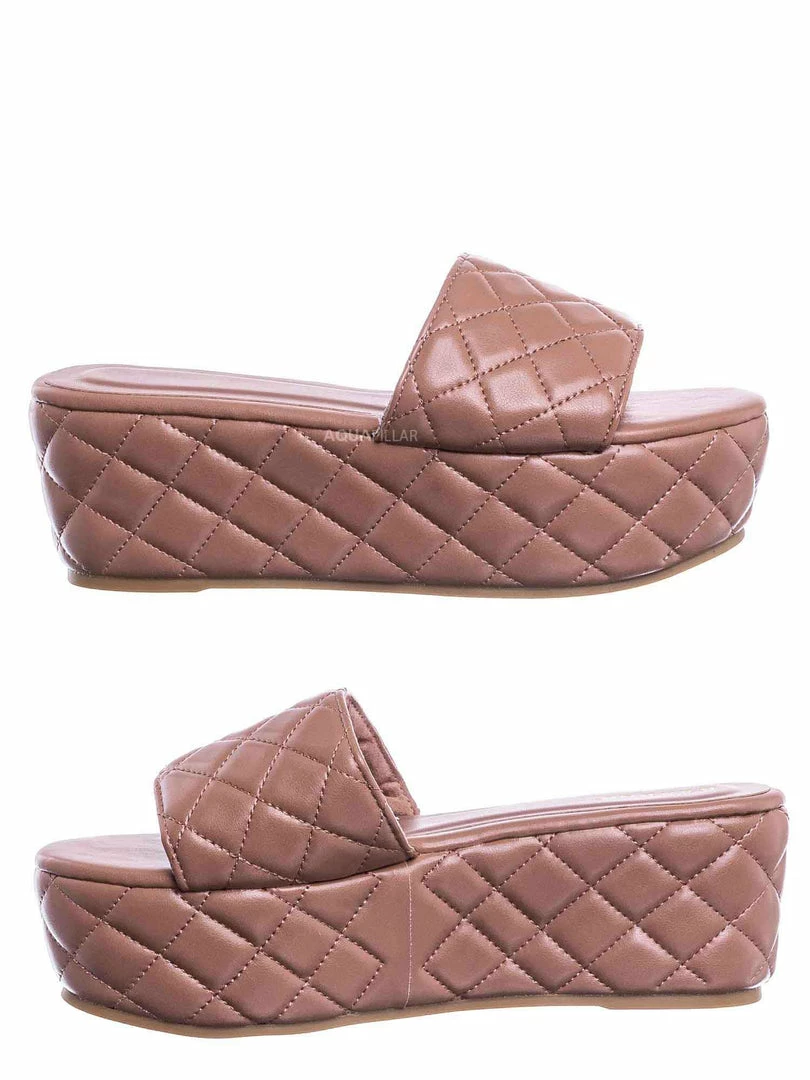 Bamboo New Purchase23 Quilted Flatform Slipper Mule - Platform Diamond Stitch Slide Sandals