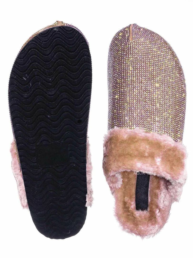 Forever Link New Benefit13 Rhinestone Crystal Moccasin Furry Footbed Slipper