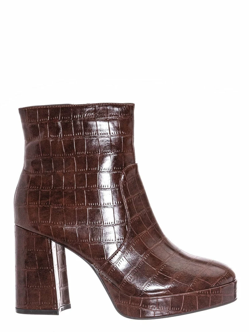 Bamboo Underlined01 Platform Block Heel Bootie - Women Croc & Suede Ankle Pump Boot New
