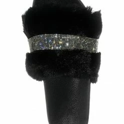 Bamboo Nighttime02 Faux Fur Rhinestone Flatform Slides - Molded Footbed Crystal Sandal New