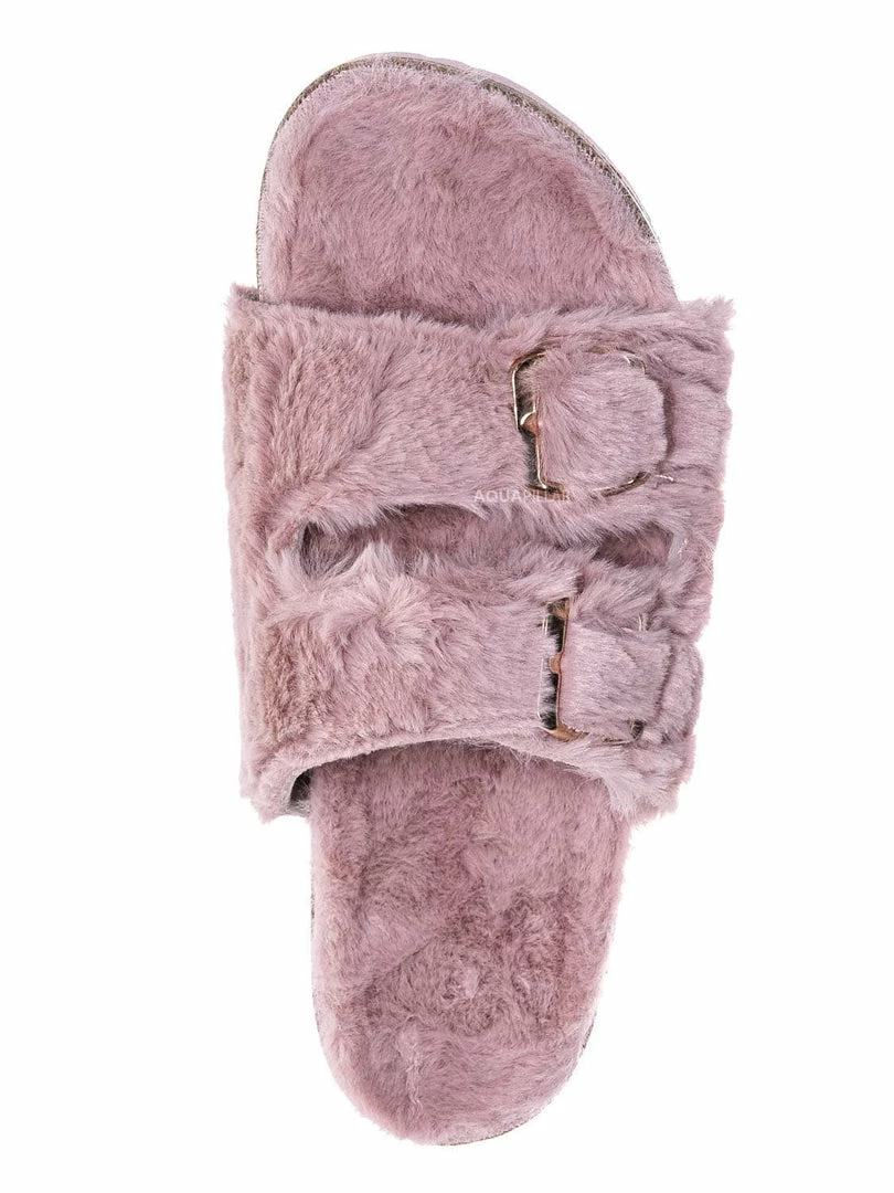 Bamboo New Defeat63 Faux Fur Molded Footbed Slipper - Furry Slide In Cork Slide Sandal
