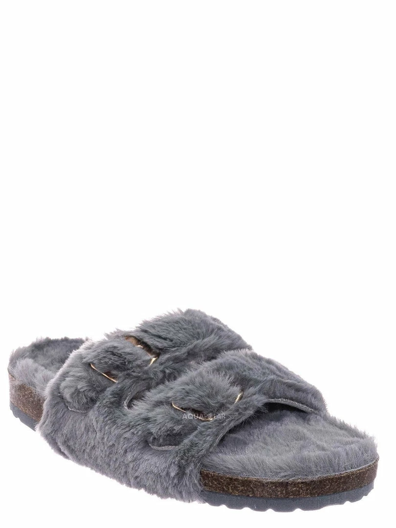 Bamboo New Defeat63 Faux Fur Molded Footbed Slipper - Furry Slide In Cork Slide Sandal
