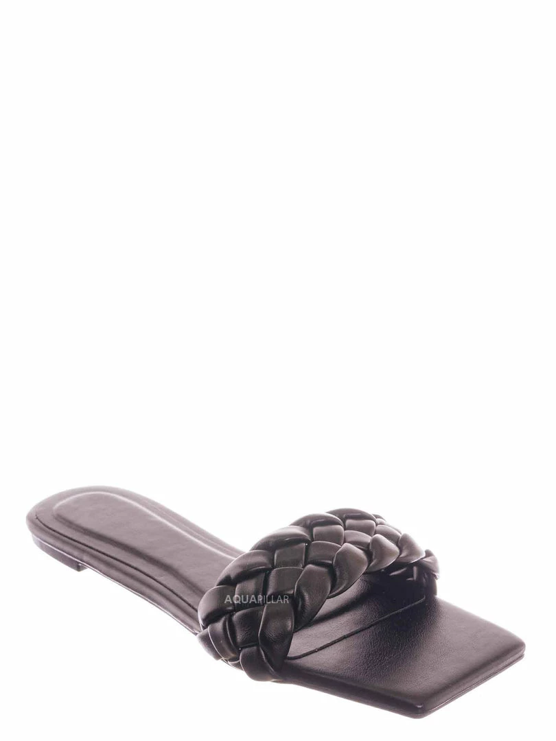 Bamboo Block19 Woven Braided Band Slipper - Womens Open Squared Toe Slip On Flat Sandal