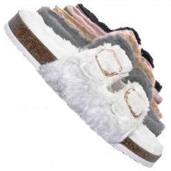 Bamboo New Defeat63 Faux Fur Molded Footbed Slipper - Furry Slide In Cork Slide Sandal