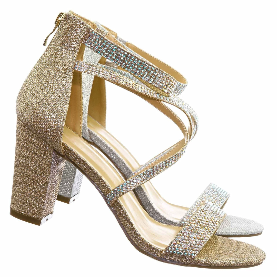 Bonnibel New Alondra5 Rhinestone Crystal Heels Sandal - Women Criss Cross Strappy Chunky Dancing Evening Formal Wedding Pump Shoes