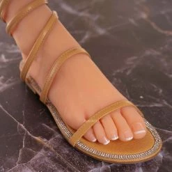 Glaze New Honey88 Gladiator Rhinestone Coil Leg Wrap Flat Sandal