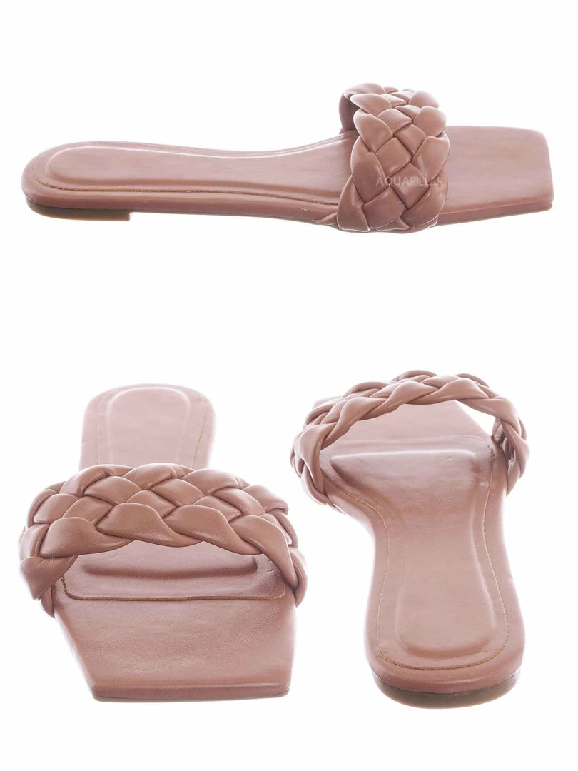 Bamboo Block19 Woven Braided Band Slipper - Womens Open Squared Toe Slip On Flat Sandal