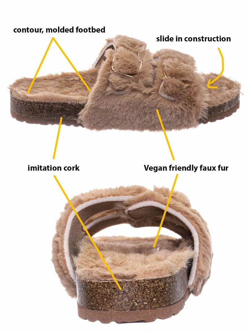 Bamboo New Defeat63 Faux Fur Molded Footbed Slipper - Furry Slide In Cork Slide Sandal