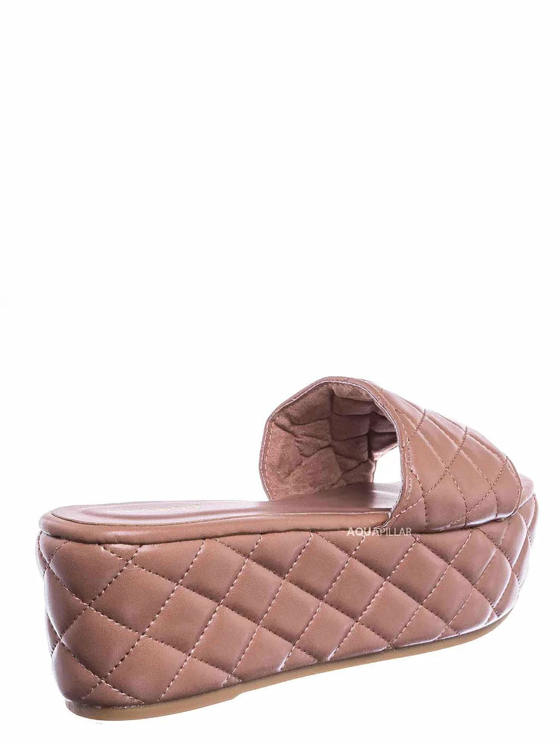 Bamboo New Purchase23 Quilted Flatform Slipper Mule - Platform Diamond Stitch Slide Sandals
