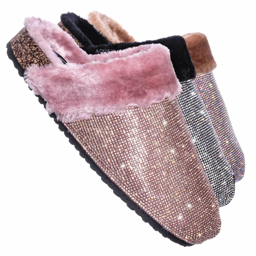Forever Link New Benefit13 Rhinestone Crystal Moccasin Furry Footbed Slipper