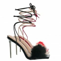 Wild Diva New Bonia04 Leg Wrap Fluffy Feather Sandal - Women Lace Up Heel S