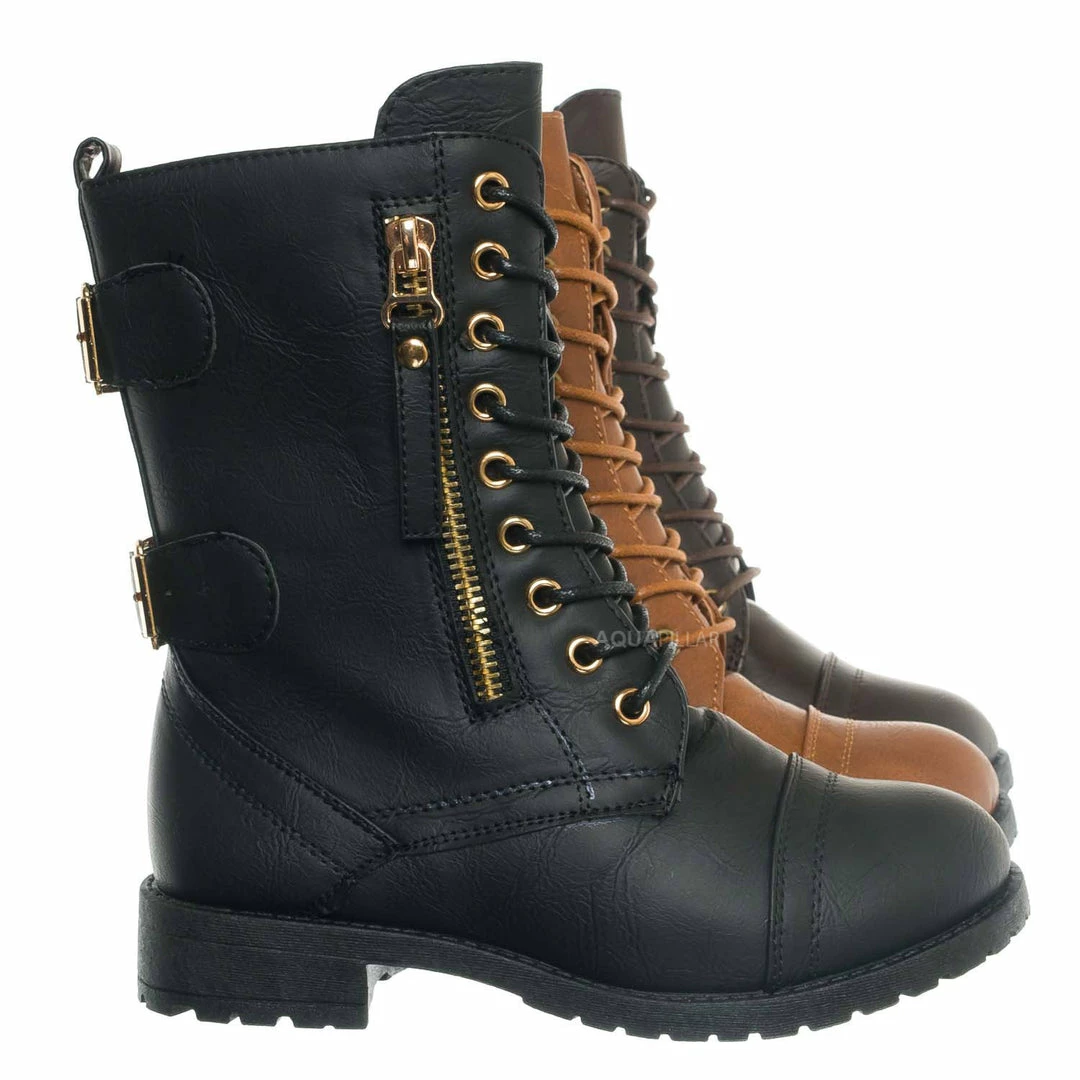 Forever Link Mountain81K Childrens Zip Up Combat Boots - Boy Girl Calf High Shoes