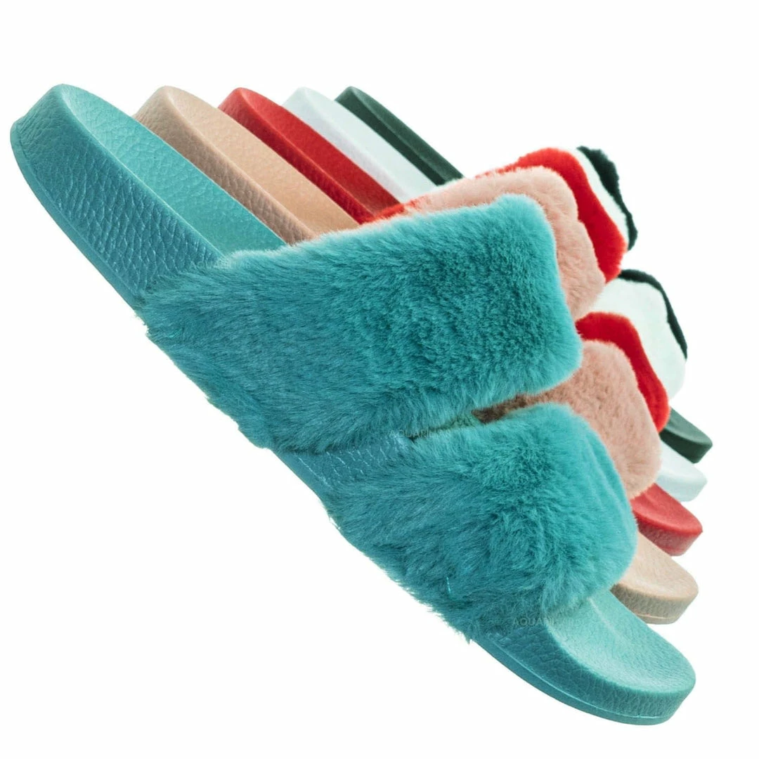 Bamboo Liv04 Faux Fur Footbed Slides - Cozy Double Strap Furry Contour Slide In Sandals