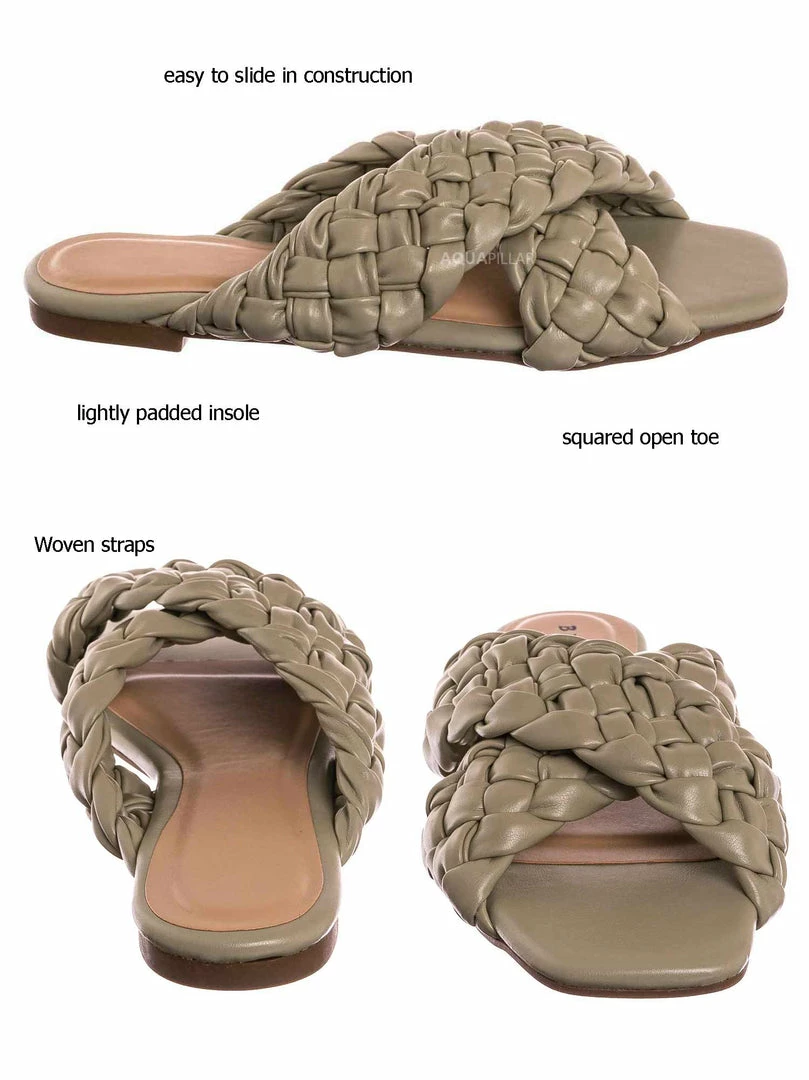 Bamboo Kick61 Thick Braided Woven Slides - Womens Open Squared Toe Slip On Mule Slipper New