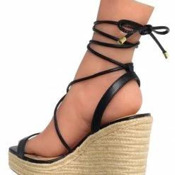 Delicious Walnuts Leg Wrap Espadrille Platform Wedge, Women Lace Up Sandal New