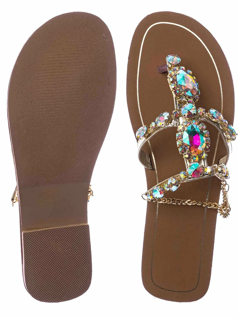Bamboo Jewel44 Boho Rhinestone Crystal Thong Sandal - Women Bling Chain Link Gladiators