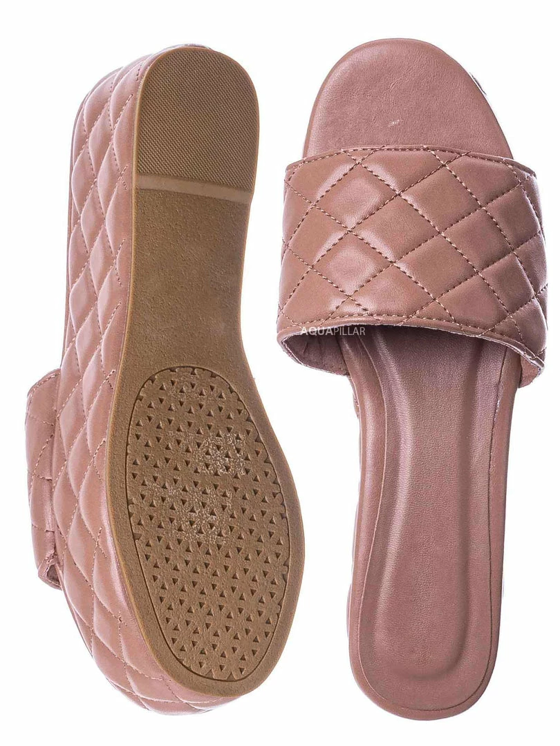 Bamboo New Purchase23 Quilted Flatform Slipper Mule - Platform Diamond Stitch Slide Sandals