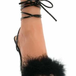 Wild Diva New Bonia04 Leg Wrap Fluffy Feather Sandal - Women Lace Up Heel S