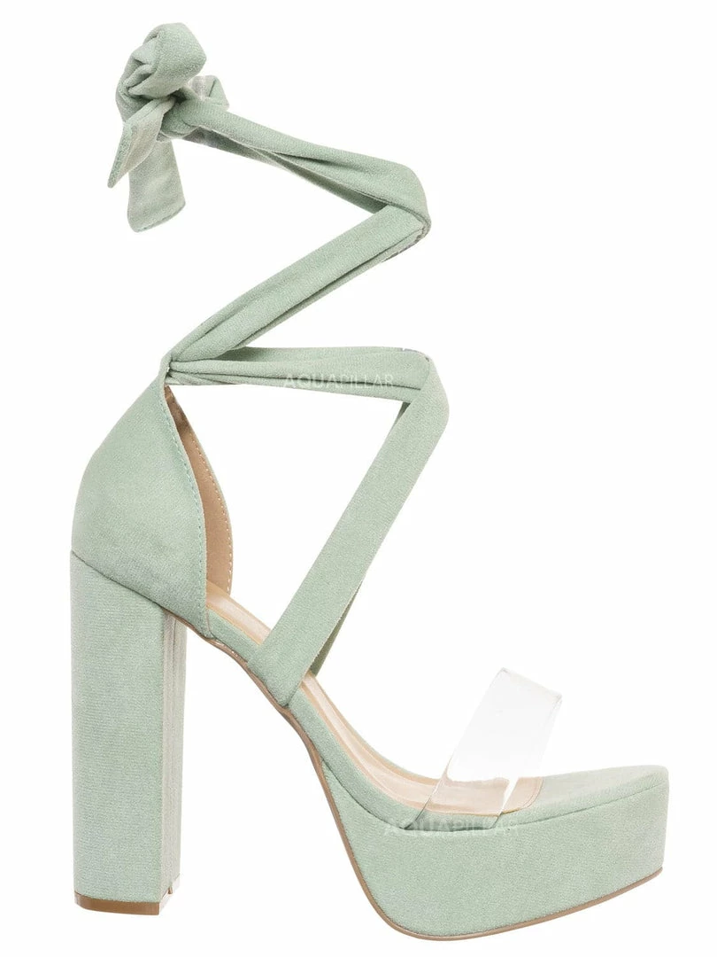 Wild Diva Mia32 Lace Up Block Heel Sandal, Women Leg Wrap Lucite Shoes