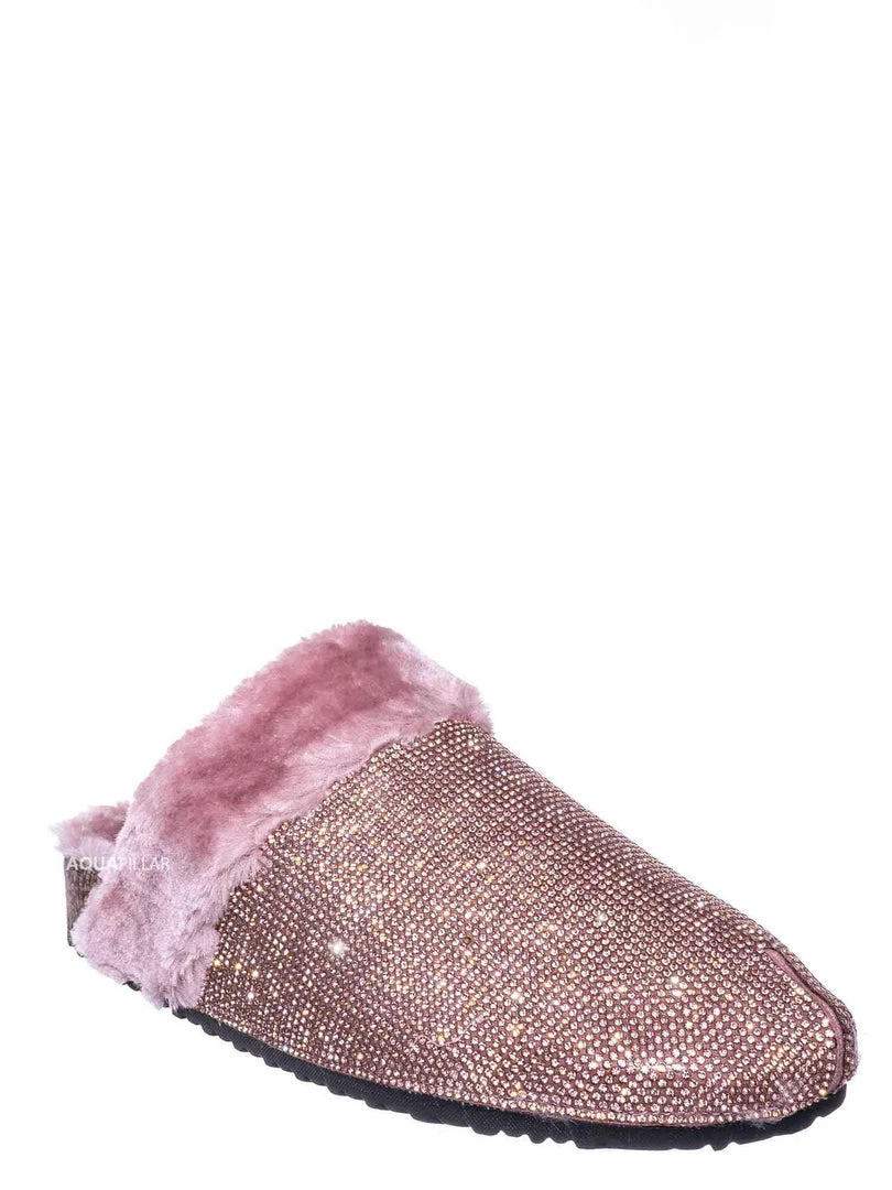 Forever Link New Benefit13 Rhinestone Crystal Moccasin Furry Footbed Slipper
