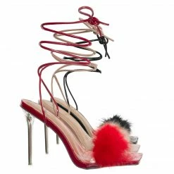 Wild Diva New Bonia04 Leg Wrap Fluffy Feather Sandal - Women Lace Up Heel S