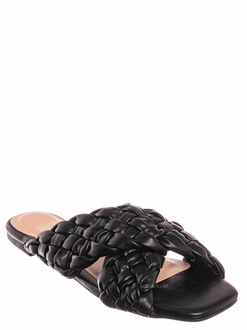 Bamboo Kick61 Thick Braided Woven Slides - Womens Open Squared Toe Slip On Mule Slipper New