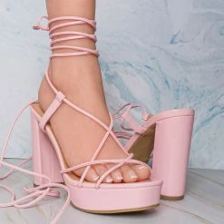 Top Moda Jane30 Lace Up Leg Wrap Sandal In Block Heel, Women Dress Shoes