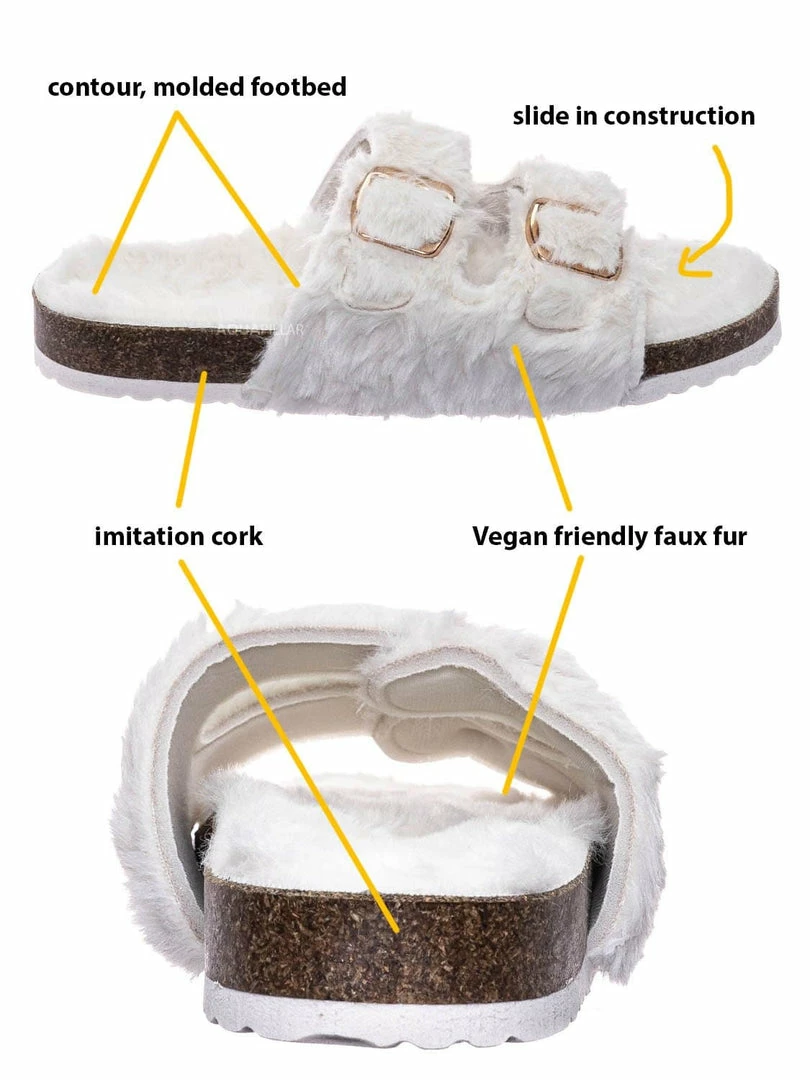 Bamboo New Defeat63 Faux Fur Molded Footbed Slipper - Furry Slide In Cork Slide Sandal