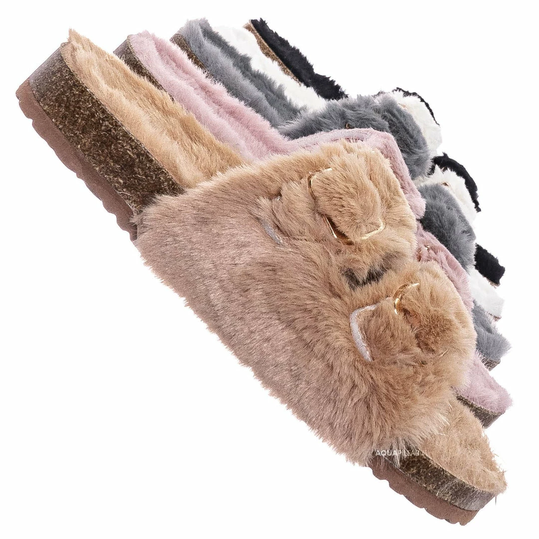 Bamboo New Defeat63 Faux Fur Molded Footbed Slipper - Furry Slide In Cork Slide Sandal