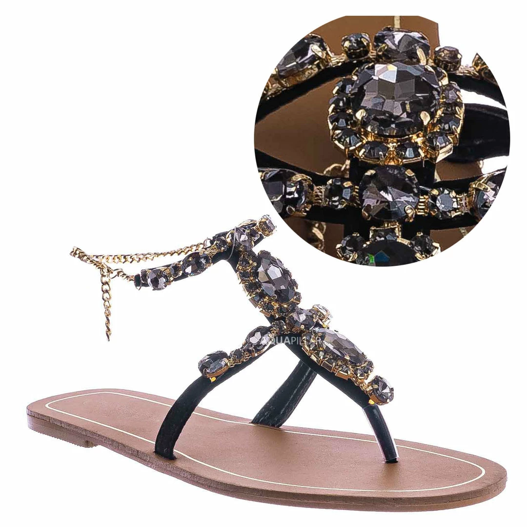 Bamboo Jewel44 Boho Rhinestone Crystal Thong Sandal - Women Bling Chain Link Gladiators