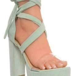 Wild Diva Mia32 Lace Up Block Heel Sandal, Women Leg Wrap Lucite Shoes