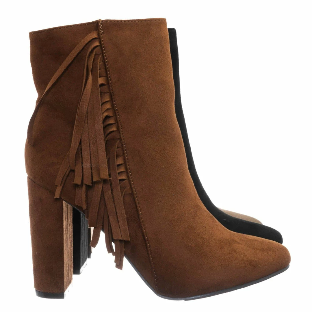 Breckelle's Lisa12 20s Retro Fringe Ankle Bootie - Flappy Tassel Block High Heel Dress Boots
